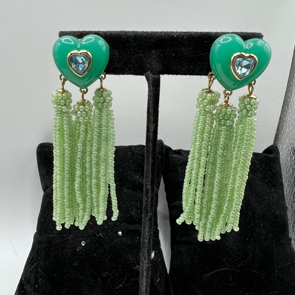 Green Heart Beaded Tassel Pierced Earrings